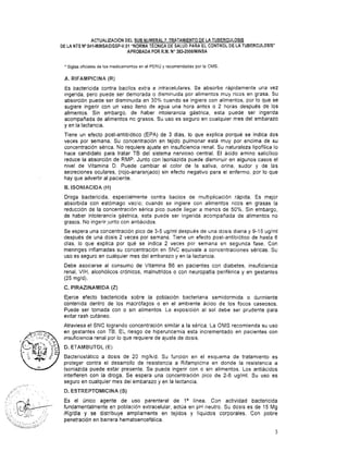 ACTUALIZACIÓN DEL SUB NUMERAL 7. TRATAMIENTO DE LA TUBERCULOSIS
DE LA NTS No041-MINSAIOGSP.V.01 "NORMA TÉCNICA DE SALUD PARA EL CONTROL DE LA TUBERCULOSIS"
, -. .....<,.. ,
. ,
,; , , ..
.., .? ,,. ' . ,,
. L . ..' . . . .. ........ ,
.;, :: . (-,-.,.; , ': :., .. *.,. - .: . . . . .
, . A,":.. L.1
.,,!. . 'c..:.,.. , ".!
 ~ ,
..> ,
. . ,
p.:,,; ,. > :,.
- . _ .
.. ", ... -, ,.,,,. !. . .<: 'l.:'
:::--. . .. ..:/.A
..+ -.... ""
APROBADA POR R.M. No383-20061MINSA
* Siglas oficiales d e los medicamentos en el PERÚy recomendadas por la OMS.
A. RIFAMPICINPZ (R)
Es bactericida contra bacilos extra e intracelulares. Se absorbe rápidamente una vez
ingerida, pero puede ser demorada o disminuida por alimentos muy ricos en grasa. SU
absorción puede ser disminuida en 30% cuando se ingiere con alimentos, por lo que se
sugiere ingerir con un vaso lleno de agua una hora antes o 2 horas después de los
alimentos. Sin embargo, de haber intolerancia gástrica, esta puede ser ingerida
acompañada de alimentos no grasos. Su uso es seguro en cualquier mes del embarazo
y en la lactancia.
Tiene un efecto post-antibiótico (EPA) de 3 días, lo que explica porqué se indica dos
veces por semana. Su concentración en tejido pulmonar está muy por encima de su
concentración sérica. No requiere ajuste en insuficiencia renal. Su naturaleza lipofílica lo
hace candidato para tratar TB del sistema nervioso central. El ácido amino salicílico
reduce la absorción de RMP. Junto con Isoniazida puede disminuir en algunos casos el
nivel de Vitamina D. Puede cambiar el color de la saliva, orina, sudor y de las
secreciones oculares, (rojo-anaranjado) sin efecto negativo para el enfermo, por lo que
hay que advertir al paciente.
B. ISOniiAClDA (H)
Droga bactericida, especialmente contra bacilos de multiplicación rápida. Es mejor
absorbida con estómago vacio; cuando se ingiere con alimentos ricos en grasas la
reducción de la concentración sérica pico puede llegar a menos de 50%. Sin embargo,
de haber intolerancia gástrica, esta puede ser ingerida acompañada de alimentos no
grasos. No ingerir junto con antiácidos.
Se espera una concentración pico de 3-5 uglml después de una dosis diaria y 9-15 uglrnl
después de una dosis 2 veces por semana. Tiene un efecto post-antibiótico de hasta 6
dias, lo que explica por qué se indica 2 veces por semana en segunda fase. Con
meninges inflamadas su concentración en SNC equivale a concentraciones séricas. Su
uso es seguro en cualquier mes del embarazo y en la lactancia.
Debe asociarse al consumo de Vitamina 86 en pacientes con diabetes, insuficiencia
renal, VIH, alcohólicos crónicos, malnutridos o con neuropatía periférica y en gestantes
(25 mgld).
C.PIRAZlMAMlDA (Z)
Ejerce efecto bactericida sobre la población bacteriana semidormida o durmiente
contenida dentro de los macrófagos o en el ambiente ácido de los focos caseosos.
Puede ser tomada con o sin alimentos. La exposición al sol debe ser prudente para
evitar rash cutáneo.
Atraviesa el SNC logrando concentración similar a la sérica. La OMS recomienda su uso
en gestantes con TE. EL riesgo de hiperuricemia esta incrementado en pacientes con
insuficiencia renal por lo que requiere de ajuste de dosis.
D. ETAMBUTOL (E)
Bacteriostático a dosis de 20 mglkld. Su funcion en el esquema de tratamiento es
proteger contra el desarrollo de resistencia a Rifampicina en donde la resistencia a
lsoniazida puede estar presente. Se puede ingerir con o sin alimentos. Los antiácidos
interfieren con la droga. Se espera una concentración pico de 2-6 uglml. Su uso es
seguro en cualquier mes del embarazo y en la lactancia.
D. ESTREPTOMICINA (S)
Es el único agente de uso parenteral de lalínea. Con actividad bactericida
fundamentalmente en población extracelular, actúa en pH neutro. Su dosis es de 15 Mg
IKgldia y se distribuye ampliamente en tejidos y líquidos corporales. Con pobre
penetración en barrera hematoencefálica.
 