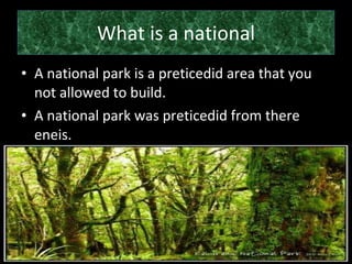 What is a national A national park is a preticedid area that you not allowed to build. A national park was preticedid from there eneis.