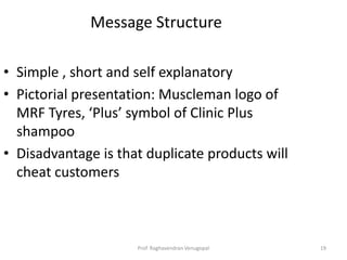 Message Structure

• Simple , short and self explanatory
• Pictorial presentation: Muscleman logo of
  MRF Tyres, ‘Plus’ symbol of Clinic Plus
  shampoo
• Disadvantage is that duplicate products will
  cheat customers



                     Prof. Raghavendran Venugopal   19
 