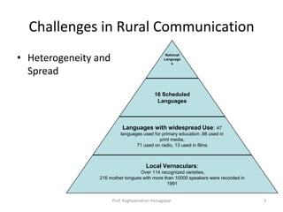 Challenges in Rural Communication
• Heterogeneity and                            National
                                              Language
                                                  s

  Spread
                                          16 Scheduled
                                           Languages



                          Languages with widespread Use: 47
                          languages used for primary education ,98 used in
                                           print media,
                                 71 used on radio, 13 used in films



                                      Local Vernaculars:
                                  Over 114 recognized varieties,
                216 mother tongues with more than 10000 speakers were recorded in
                                              1991


                      Prof. Raghavendran Venugopal                                  3
 