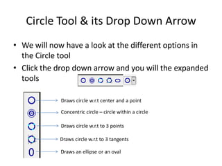 Circle Tool & its Drop Down Arrow
• We will now have a look at the different options in
  the Circle tool
• Click the drop down arrow and you will the expanded
  tools

            Draws circle w.r.t center and a point

            Concentric circle – circle within a circle

            Draws circle w.r.t to 3 points

            Draws circle w.r.t to 3 tangents

            Draws an ellipse or an oval
 
