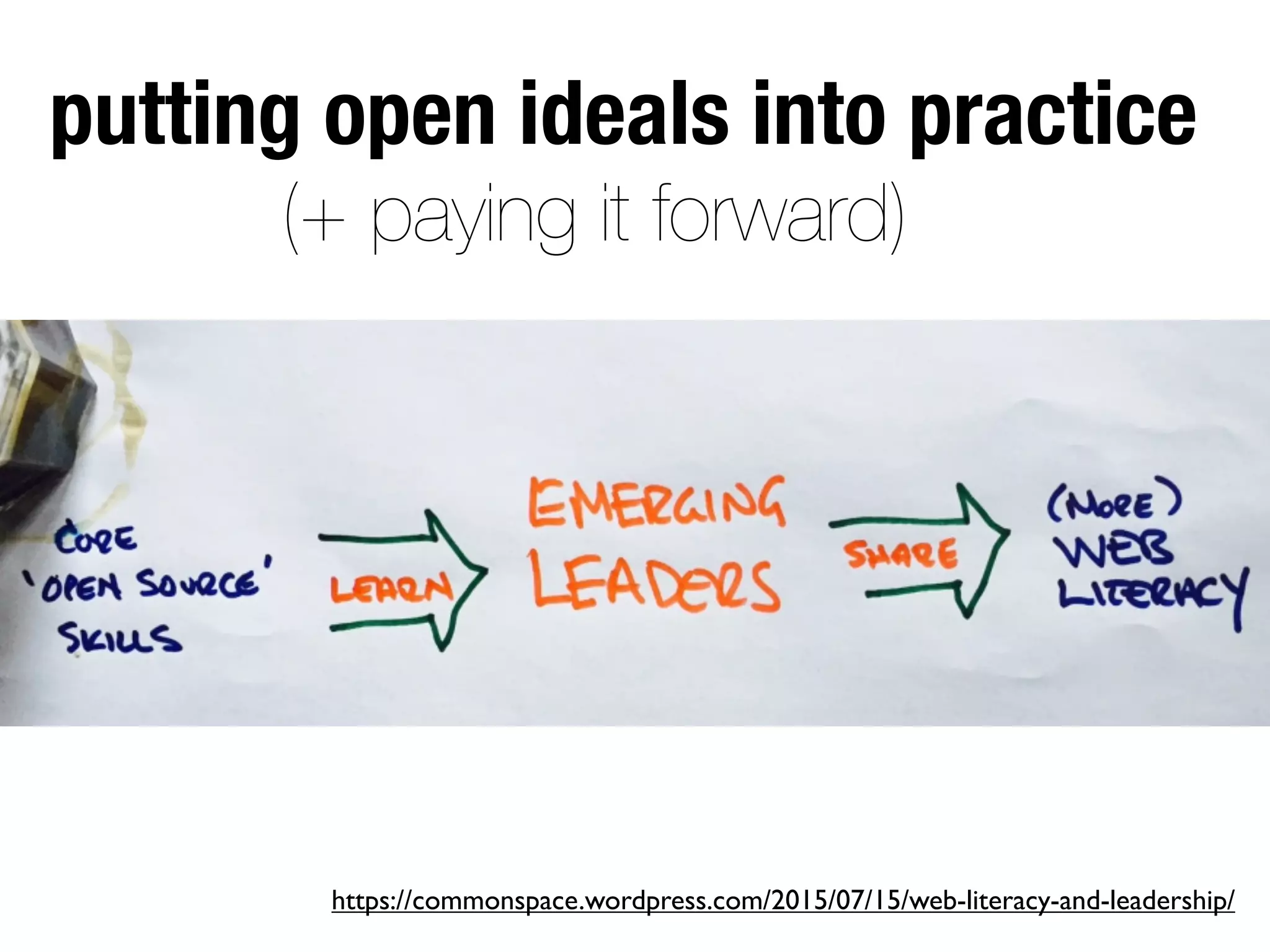 putting open ideals into practice
(+ paying it forward)
https://commonspace.wordpress.com/2015/07/15/web-literacy-and-leadership/
 