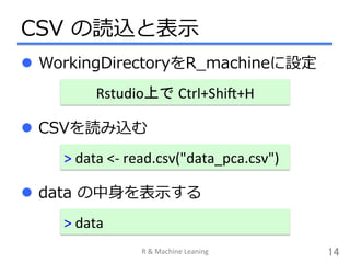 CSV ?izȱ?ʾ
l?? CSViz
R	
 ?&	
 ?Machine	
 ?Leaning	
 14	
>	
 ?data	
 ?<-?\	
 ?read.csv("data_pca.csv")	
 ?
l?? data ???ʾ
>	
 ?data	
 ?
l?? WorkingDirectoryR_?machineO
RstudioϤ Ctrl+ShiG+H	
 ?
 