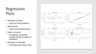 Regression
Plots
• Residuals vs Fitter
• Spot non-linear patterns
• Normal Q-Q
• Check normal distribution
• Scale – Location
• If residuals are spread
equally along the ranges of
predictors
• Residuals vs Leverage
• Find influential cases if any.
 