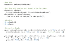 # Read data
crimeData <- read.csv(crimeFilePath)
# Only data with location, only Assault or Burglary types
crimeData <- crimeData[
!is.na(crimeData$Latitude) & !is.na(crimeData$Longitude),]
selectedCrimes <- subset(crimeData,
Primary.Type %in% c(crimeTypes[2], crimeTypes[4]))
# Visualise
library(ggplot2)
library(ggmap)
# Get map from Google
map_g <- get_map(location=c(lon=mean(crimeData$Longitude, na.rm=TRUE), lat=mean(
crimeData$Latitude, na.rm=TRUE)), zoom = 11, maptype = "terrain", scale = 2)
ggmap(map_g) + geom_point(data = selectedCrimes, aes(x = Longitude, y = Latitude,
fill = Primary.Type, alpha = 0.8), size = 1, shape = 21) +
guides(fill=FALSE, alpha=FALSE, size=FALSE)
 