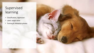 Supervised
learning
• Classification, regression
• Label, target value
• Training & Validation phases
 