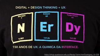 150 ANOS DE UX: A QUIMICA DA INTERFACE.
https://shop.questacon.edu.au/Nerdy-T-shirt.html?category_id=258
DIGITAL + DESIGN THINKING + UX:
 