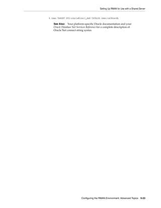 Setting Up RMAN for Use with a Shared Server


% rman TARGET SYS/oracle@inst1_ded CATALOG rman/cat@catdb

   See Also: Your platform-specific Oracle documentation and your
   Oracle Database Net Services Reference for a complete description of
   Oracle Net connect string syntax




                           Configuring the RMAN Environment: Advanced Topics 5-23
 