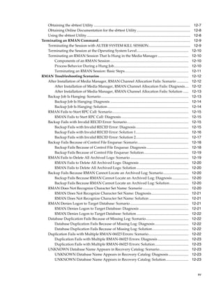 Obtaining the sbttest Utility ..........................................................................................................       12-7
   Obtaining Online Documentation for the sbttest Utility...........................................................                              12-8
   Using the sbttest Utility..................................................................................................................    12-8
Terminating an RMAN Command.....................................................................................................                  12-9
   Terminating the Session with ALTER SYSTEM KILL SESSION..............................................                                           12-9
   Terminating the Session at the Operating System Level.........................................................                                12-10
   Terminating an RMAN Session That Is Hung in the Media Manager..................................                                               12-10
       Components of an RMAN Session ......................................................................................                      12-10
       Process Behavior During a Hung Job..................................................................................                      12-10
       Terminating an RMAN Session: Basic Steps......................................................................                            12-11
RMAN Troubleshooting Scenarios..................................................................................................                 12-12
   After Installation of Media Manager, RMAN Channel Allocation Fails: Scenario .............                                                    12-12
       After Installation of Media Manager, RMAN Channel Allocation Fails: Diagnosis....                                                         12-12
       After Installation of Media Manager, RMAN Channel Allocation Fails: Solution ......                                                       12-13
   Backup Job Is Hanging: Scenario ................................................................................................              12-13
       Backup Job Is Hanging: Diagnosis ......................................................................................                   12-14
       Backup Job Is Hanging: Solution .........................................................................................                 12-14
   RMAN Fails to Start RPC Call: Scenario....................................................................................                    12-15
       RMAN Fails to Start RPC Call: Diagnosis ..........................................................................                        12-15
   Backup Fails with Invalid RECID Error: Scenario....................................................................                           12-15
       Backup Fails with Invalid RECID Error: Diagnosis..........................................................                                12-15
       Backup Fails with Invalid RECID Error: Solution 1..........................................................                               12-16
       Backup Fails with Invalid RECID Error: Solution 2..........................................................                               12-17
   Backup Fails Because of Control File Enqueue: Scenario........................................................                                12-18
       Backup Fails Because of Control File Enqueue: Diagnosis ..............................................                                    12-18
       Backup Fails Because of Control File Enqueue: Solution.................................................                                   12-19
   RMAN Fails to Delete All Archived Logs: Scenario ................................................................                             12-19
       RMAN Fails to Delete All Archived Logs: Diagnosis ......................................................                                  12-20
       RMAN Fails to Delete All Archived Logs: Solution .........................................................                                12-20
   Backup Fails Because RMAN Cannot Locate an Archived Log: Scenario............................                                                 12-20
       Backup Fails Because RMAN Cannot Locate an Archived Log: Diagnosis ..................                                                     12-20
       Backup Fails Because RMAN Cannot Locate an Archived Log: Solution.....................                                                    12-20
   RMAN Does Not Recognize Character Set Name: Scenario ..................................................                                       12-20
       RMAN Does Not Recognize Character Set Name: Diagnosis.........................................                                            12-21
       RMAN Does Not Recognize Character Set Name: Solution ...........................................                                          12-21
   RMAN Denies Logon to Target Database: Scenario ................................................................                               12-21
       RMAN Denies Logon to Target Database: Diagnosis ......................................................                                    12-21
       RMAN Denies Logon to Target Database: Solution .........................................................                                  12-22
   Database Duplication Fails Because of Missing Log: Scenario...............................................                                    12-22
       Database Duplication Fails Because of Missing Log: Diagnosis.....................................                                         12-22
       Database Duplication Fails Because of Missing Log: Solution........................................                                       12-22
   Duplication Fails with Multiple RMAN-06023 Errors: Scenario............................................                                       12-22
       Duplication Fails with Multiple RMAN-06023 Errors: Diagnosis ..................................                                           12-23
       Duplication Fails with Multiple RMAN-06023 Errors: Solution.....................................                                          12-23
   UNKNOWN Database Name Appears in Recovery Catalog: Scenario................................                                                   12-23
       UNKNOWN Database Name Appears in Recovery Catalog: Diagnosis ......................                                                       12-23
       UNKNOWN Database Name Appears in Recovery Catalog: Solution.........................                                                      12-23



                                                                                                                                                    xv
 