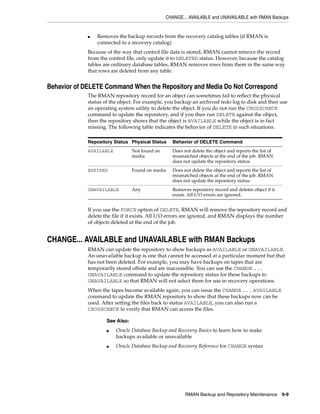 CHANGE... AVAILABLE and UNAVAILABLE with RMAN Backups


             ■   Removes the backup records from the recovery catalog tables (if RMAN is
                 connected to a recovery catalog)
             Because of the way that control file data is stored, RMAN cannot remove the record
             from the control file, only update it to DELETED status. However, because the catalog
             tables are ordinary database tables, RMAN removes rows from them in the same way
             that rows are deleted from any table.


Behavior of DELETE Command When the Repository and Media Do Not Correspond
             The RMAN repository record for an object can sometimes fail to reflect the physical
             status of the object. For example, you backup an archived redo log to disk and then use
             an operating system utility to delete the object. If you do not run the CROSSCHECK
             command to update the repository, and if you then run DELETE against the object,
             then the repository shows that the object is AVAILABLE while the object is in fact
             missing. The following table indicates the behavior of DELETE in such situations.

             Repository Status Physical Status    Behavior of DELETE Command
             AVAILABLE           Not found on     Does not delete the object and reports the list of
                                 media            mismatched objects at the end of the job. RMAN
                                                  does not update the repository status.
             EXPIRED             Found on media   Does not delete the object and reports the list of
                                                  mismatched objects at the end of the job. RMAN
                                                  does not update the repository status.
             UNAVAILABLE         Any              Removes repository record and deletes object if it
                                                  exists. All I/O errors are ignored.


             If you use the FORCE option of DELETE, RMAN will remove the repository record and
             delete the file if it exists. All I/O errors are ignored, and RMAN displays the number
             of objects deleted at the end of the job.


CHANGE... AVAILABLE and UNAVAILABLE with RMAN Backups
             RMAN can update the repository to show backups as AVAILABLE or UNAVAILABLE.
             An unavailable backup is one that cannot be accessed at a particular moment but that
             has not been deleted. For example, you may have backups on tapes that are
             temporarily stored offsite and are inaccessible. You can use the CHANGE ...
             UNAVAILABLE command to update the repository status for these backups to
             UNAVAILABLE so that RMAN will not select them for use in recovery operations.
             When the tapes become available again, you can issue the CHANGE ... AVAILABLE
             command to update the RMAN repository to show that these backups now can be
             used. After setting the files back to status AVAILABLE, you can also run a
             CROSSCHECK to verify that RMAN can access the files.

                     See Also:
                     ■   Oracle Database Backup and Recovery Basics to learn how to make
                         backups available or unavailable
                     ■   Oracle Database Backup and Recovery Reference for CHANGE syntax




                                                        RMAN Backup and Repository Maintenance 9-9
 