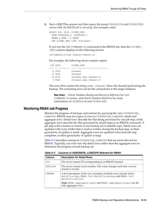 Monitoring RMAN Through V$ Views


                  }

             2.   Start a SQL*Plus session and then query the joined V$SESSION and V$PROCESS
                  views while the RMAN job is executing. For example, enter:
                  SELECT SID, SPID, CLIENT_INFO
                    FROM V$PROCESS p, V$SESSION s
                    WHERE p.ADDR = s.PADDR
                    AND CLIENT_INFO LIKE '%id=sess%';

                  If you run the SET COMMAND ID command in the RMAN job, then the CLIENT_
                  INFO column displays in the following format:
                  id=command_id,rman channel=channel_id

                  For example, the following shows sample output:
                   SID   SPID           CLIENT_INFO
                  ----   ------------   ------------------------------
                    11   8358           id=sess1
                    15   8638           id=sess2
                    14   8374           id=sess1,rman channel=c1
                     9   8642           id=sess2,rman channel=c1

                  The rows that contain the string rman channel show the channel performing the
                  backup. The remaining rows are for the connections to the target database.

                      See Also: Oracle Database Backup and Recovery Reference for SET
                      COMMAND ID syntax, and Oracle Database Reference for more
                      information on V$SESSION and V$PROCESS

Monitoring RMAN Job Progress
             Monitor the progress of backups and restores by querying the view V$SESSION_
             LONGOPS. RMAN uses two types of rows in V$SESSION_LONGOPS: detail and
             aggregate rows. Detail rows describe the files being processed by one job step, while
             aggregate rows describe the files processed by all job steps in an RMAN command. A
             job step is the creation or restore of one backup set or datafile copy. Detail rows are
             updated with every buffer that is read or written during the backup step, so their
             granularity of update is small. Aggregate rows are updated when each job step
             completes, so their granularity of update is large.
             Table 9–2 describes column in V$SESSION_LONGOPS that are most relevant for
             RMAN. Typically, you will view the detail rows rather than the aggregate rows to
             determine the progress of each backup set.

             Table 9–2     Columns of V$SESSION_LONGOPS Relevant for RMAN
              Column         Description for Detail Rows
              SID            The server session ID corresponding to an RMAN channel.
              SERIAL#        The server session serial number. This value changes each time a server
                             session is reused.
              OPNAME         A text description of the row. Examples of details rows include RMAN:
                             datafile copy, RMAN: full datafile backup, and RMAN: full
                             datafile restore.
                             Note: RMAN: aggregate input and RMAN: aggregate output are the
                             only aggregate rows.




                                                           RMAN Backup and Repository Maintenance 9-13
 
