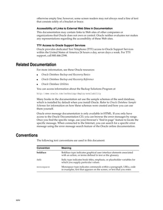 otherwise empty line; however, some screen readers may not always read a line of text
          that consists solely of a bracket or brace.

          Accessibility of Links to External Web Sites in Documentation
          This documentation may contain links to Web sites of other companies or
          organizations that Oracle does not own or control. Oracle neither evaluates nor makes
          any representations regarding the accessibility of these Web sites.

          TTY Access to Oracle Support Services
          Oracle provides dedicated Text Telephone (TTY) access to Oracle Support Services
          within the United States of America 24 hours a day, seven days a week. For TTY
          support, call 800.446.2398.


Related Documentation
          For more information, see these Oracle resources:
          ■    Oracle Database Backup and Recovery Basics
          ■    Oracle Database Backup and Recovery Reference
          ■    Oracle Database Utilities
          You can access information about the Backup Solutions Program at
          http://www.oracle.com/technology/deploy/availability

          Many books in the documentation set use the sample schemas of the seed database,
          which is installed by default when you install Oracle. Refer to Oracle Database Sample
          Schemas for information on how these schemas were created and how you can use
          them yourself.
          Oracle error message documentation is only available in HTML. If you only have
          access to the Oracle Documentation CD, you can browse the error messages by range.
          Once you find the specific range, use your browser's "find in page" feature to locate the
          specific message. When connected to the Internet, you can search for a specific error
          message using the error message search feature of the Oracle online documentation.


Conventions
          The following text conventions are used in this document:

          Convention             Meaning
          boldface               Boldface type indicates graphical user interface elements associated
                                 with an action, or terms defined in text or the glossary.
          italic                 Italic type indicates book titles, emphasis, or placeholder variables for
                                 which you supply particular values.
          monospace              Monospace type indicates commands within a paragraph, URLs, code
                                 in examples, text that appears on the screen, or text that you enter.




xxiv
 