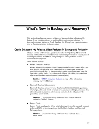 What's New in Backup and Recovery?

           This section describes new features of Recovery Manager in Oracle Database 10g
           Release 2, and provides pointers to additional information on each feature. For
           information on new features in Oracle Database 10g Release 1 and previous releases,
           refer to the documentation for those releases.


Oracle Database 10g Release 2 New Features in Backup and Recovery
           The new features for this release greatly increase the manageability of backup and
           recovery with RMAN. Backup and recovery contains improvements to security, ease of
           use and performance. In addition, transporting data across platforms is more
           automated and simplified.
           These features include:
           ■   RMAN Encrypted Backups
               RMAN now supports several forms of encryption for backups created as backup
               sets, whether on disk or on tape. Encryption can be based upon passwords
               provided through RMAN or transparent encryption capabilities based upon the
               Oracle Encryption Wallet. Once configured, existing RMAN backup procedures
               take advantage of encryption features with no change.

                   See Also: "RMAN Encrypted Backups" on page 6-7 for information
                   on using encrypted backups

           ■   Flashback Database Enhancements
               Flashback Database can now reverse the effects of OPEN RESETLOGS operations,
               returning a database to points in time in ancestor or even sibling incarnations. This
               allows its use in many more data recovery scenarios. It also integrates with
               guaranteed restore points.

                   See Also:    Oracle Database Backup and Recovery Basics for more details on
                   configuring Flashback Database

           ■   Restore Points
               Restore Points are aliases for SCNs, which eliminate the need to manually research
               and record SCNs or timestamps to use for Flashback Database and Flashback
               Table operations.

                   See Also:        Oracle Database Backup and Recovery Basics for details about
                   restore points




                                                                                                   xxv
 