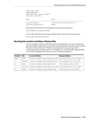Keeping Records of Current and Backup Database Files


                   SELECT NAME, VALUE
                   FROM V$PARAMETER
                   WHERE NAME LIKE log_archive_dest%
                   AND VALUE IS NOT NULL;

                   NAME                                   VALUE
                   ----------------------------------     -------------------------------------------
                   log_archive_dest_1                     LOCATION=/oracle/work/arc_dest/arc
                   log_archive_dest_state_1               enable

                   Determine the format for archived logs by running SHOW as follows:
                   SHOW PARAMETER LOG_ARCHIVE_FORMAT

                   To see a list of all the archived logs recorded in the control file, issue this query:
                   SELECT NAME FROM V$ARCHIVED_LOG;


Recording the Locations and Dates of Backup Files
                   It is not enough to merely record the location of backup files: you must correlate the
                   backups with the original files. If possible, name the backups with names derived from
                   the name of the primary file. Whatever naming system you use, keep a table
                   containing the relevant information. For example, you could keep the following table
                   as a record of database file locations in case of a restore emergency.

Datafile # Tbs          Current Datafiles                              Backup Datafiles
0 (cf)    0 (cf)        /oracle/oradata/trgt/control01.dbf /d2/control01_10_31_02.dbf
1         SYSTEM        /oracle/oradata/trgt/system01.dbf              /d2/system01_10_31_02.dbf
2         undo          /oracle/oradata/trgt/undo01.dbf                /d2/undo01_10_31_02.dbf
3         cwmlite       /oracle/oradata/trgt/cwmlite01.dbf /d2/cwmlite01_10_31_02.dbf
4         drsys         /oracle/oradata/trgt/drsys01.dbf               /d2/drsys01_10_31_02.dbf




                                                                          Making User-Managed Backups        17-21
 
