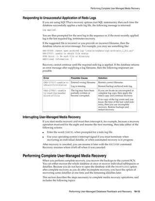 Performing Complete User-Managed Media Recovery



Responding to Unsuccessful Application of Redo Logs
             If you are using SQL*Plus's recovery options (not SQL statements), then each time the
             database successfully applies a redo log file, the following message is returned:
             Log applied.

             You are then prompted for the next log in the sequence or, if the most recently applied
             log is the last required log, terminates recovery.
             If the suggested file is incorrect or you provide an incorrect filename, then the
             database returns an error message. For example, you may see something like:
             ORA-00308: cannot open archived log "/oracle/oradata/trgt/arch/arcr_1_811.arc"
             ORA-27037: unable to obtain file status
             SVR4 Error: 2: No such file or directory
             Additional information: 3

             Recovery cannot continue until the required redo log is applied. If the database returns
             an error message after supplying a log filename, then the following responses are
             possible.

                 Error                   Possible Cause            Solution
                 ORA-27037: unable to    Entered wrong filename.   Reenter correct filename.
                 obtain file status
                                         Log is missing.           Restore backup archived redo log.
                 ORA-27047: unable       The log may have been     If you can locate an uncorrupted or
                 to read the header      partially written or      complete log copy, then apply the
                 block of file           become corrupted.         intact copy and continue recovery.
                                                                   If no copy of the log exists and you
                                                                   know the time of the last valid redo
                                                                   entry, then you use incomplete
                                                                   recovery. Restore backups and
                                                                   restart recovery.


Interrupting User-Managed Media Recovery
             If you start media recovery and must then interrupt it, for example, because a recovery
             operation must end for the night and resume the next morning, then take either of the
             following actions:
             ■      Enter the word CANCEL when prompted for a redo log file.
             ■      Use your operating system's interrupt signal if you must terminate when
                    recovering an individual datafile, or when automated recovery is in progress.
             After recovery is canceled, you can resume it later with the RECOVER command.
             Recovery resumes where it left off when it was canceled.


Performing Complete User-Managed Media Recovery
             When you perform complete recovery, you recover the backups to the current SCN.
             You can either recover the whole database at once or recover individual tablespaces or
             datafiles. Because you do not have to open the database with the RESETLOGS option
             after complete recovery as you do after incomplete recovery, you have the option of
             recovering some datafiles at one time and the remaining datafiles later.
             This section describes the steps necessary to complete media recovery operations, and
             includes the following topics:



                                        Performing User-Managed Database Flashback and Recovery          18-15
 