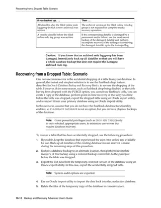 Recovering from a Dropped Table: Scenario



                     If you backed up . . .                       Then . . .
                     All datafiles after the filled online redo   The archived version of the filled online redo log
                     log group (which is now archived) was        group is not required for complete media
                     written                                      recovery operation.
                     A specific datafile before the filled        If the corresponding datafile is damaged by a
                     online redo log group was written            permanent media failure, use the most recent
                                                                  backup of the damaged datafile and perform
                                                                  incomplete recovery of the tablespace containing
                                                                  the damaged datafile, up to the damaged log.



                             Caution: If you know that an archived redo log group has been
                             damaged, immediately back up all datafiles so that you will have
                             a whole database backup that does not require the damaged
                             archived redo log.


Recovering from a Dropped Table: Scenario
                    One not-uncommon error is the accidental dropping of a table from your database. In
                    general, the fastest and simplest solution is to use the flashback drop feature,
                    described inOracle Database Backup and Recovery Basics, to reverse the dropping of the
                    table. However, if for some reason, such as flashback drop being disabled or the table
                    having been dropped with the PURGE option, you cannot use flashback table, you can
                    create a copy of the database, perform point-in-time recovery of that copy to a time
                    before the table was dropped, export the dropped table using an Oracle export utility,
                    and re-import it into your primary database using an Oracle import utility.
                    In this scenario, assume that you do not have the flashback database functionality
                    enabled, so FLASHBACK DATABASE is not an option, but you do have physical backups
                    of the database.


                             Note: Grant powerful privileges (such as DROP ANY TABLE) only
                             to only selected, appropriate users, to minimize user errors that
                             require database recovery.


                    To recover a table that has been accidentally dropped, use the following procedure:
                    1.   If possible, keep the database that experienced the user error online and available
                         for use. Back up all datafiles of the existing database in case an error is made
                         during the remaining steps of this procedure.
                    2.   Restore a database backup to an alternate location, then perform incomplete
                         recovery of this backup using a restored backup control file, to the point just
                         before the table was dropped.
                    3.   Export the lost data from the temporary, restored version of the database using an
                         Oracle export utility. In this case, export the accidentally dropped table.


                             Note:    System audit options are exported.


                    4.   Use an Oracle import utility to import the data back into the production database.
                    5.   Delete the files of the temporary copy of the database to conserve space.



19-12 Backup and Recovery Advanced User’s Guide
 
