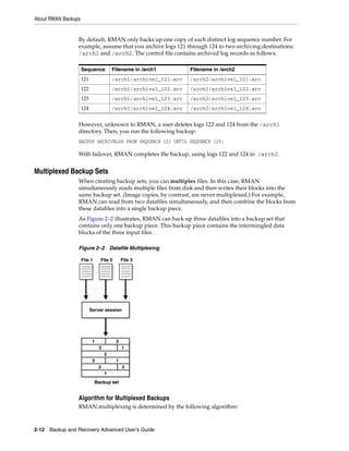 About RMAN Backups


                 By default, RMAN only backs up one copy of each distinct log sequence number. For
                 example, assume that you archive logs 121 through 124 to two archiving destinations:
                 /arch1 and /arch2. The control file contains archived log records as follows:

                     Sequence           Filename in /arch1        Filename in /arch2
                     121                /arch1/archive1_121.arc   /arch2/archive1_121.arc
                     122                /arch1/archive1_122.arc   /arch2/archive1_122.arc
                     123                /arch1/archive1_123.arc   /arch2/archive1_123.arc
                     124                /arch1/archive1_124.arc   /arch2/archive1_124.arc


                 However, unknown to RMAN, a user deletes logs 122 and 124 from the /arch1
                 directory. Then, you run the following backup:
                 BACKUP ARCHIVELOG FROM SEQUENCE 121 UNTIL SEQUENCE 125;

                 With failover, RMAN completes the backup, using logs 122 and 124 in /arch2.


Multiplexed Backup Sets
                 When creating backup sets, you can multiplex files. In this case, RMAN
                 simultaneously reads multiple files from disk and then writes their blocks into the
                 same backup set. (Image copies, by contrast, are never multiplexed.) For example,
                 RMAN can read from two datafiles simultaneously, and then combine the blocks from
                 these datafiles into a single backup piece.
                 As Figure 2–2 illustrates, RMAN can back up three datafiles into a backup set that
                 contains only one backup piece. This backup piece contains the intermingled data
                 blocks of the three input files.

                 Figure 2–2 Datafile Multiplexing

                     File 1     File 2       File 3




                           Server session




                            1            2
                                3            1
                                    2
                            3            1
                                2            3
                                    1
                              Backup set


                 Algorithm for Multiplexed Backups
                 RMAN multiplexing is determined by the following algorithm:



2-12 Backup and Recovery Advanced User’s Guide
 
