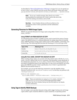 RMAN Backup Options: Naming, Sizing, and Speed


             As described in "Manual Parallelization of Backups" on page 2-13, you can specify up
             to four FORMAT values. RMAN uses the second, third, and fourth values only when
             you run BACKUP COPIES, SET BACKUP COPIES, or CONFIGURE ... BACKUP COPIES.


                         Note:  If you use a media manager, then check your vendor
                         documentation for restrictions on FORMAT such as the size of the
                         name, the naming conventions, and so forth.


                         See Also: Oracle Database Backup and Recovery Reference for
                         descriptions of the FORMAT parameter and the substitution
                         variables

Generating Filenames for RMAN Image Copies
             RMAN can generate filenames for image copies using either FORMAT or DB_FILE_
             NAME_CONVERT.

             Using FORMAT with RMAN BACKUP AS COPY
             As with backup pieces,FORMAT variables are also used to specify the names of image
             copies. The default format %U is defined differently for image copies than for backup
             pieces. RMAN produces image copies of three types of files: datafiles, control files, and
             archived logs. The following table describes the meaning of %U for each type of file.

              Type of File                Meaning of %U
              Datafile                    data-D-%d_id-%I_TS-%N_FNO-%f_%u
              Archived log                arch-D_%d-id-%I_S-%e_T-%h_A-%a_%u
              Control file                cf-D_%d-id-%I_%u


             Using DB_FILE_NAME_CONVERT With BACKUP AS COPY
             When creating image copies, you can also name the output copies with the DB_FILE_
             NAME_CONVERT option of the BACKUP command. This parameter works identically to
             the initialization parameter DB_FILE_NAME_CONVERT. Pairs of filename prefixes are
             provided to change the names of the output files. If a file is not converted by any of the
             pairs, then RMAN uses the FORMAT specification; if no FORMAT is specified, then
             RMAN uses the default format %U.
             For example, you can run the following command to copy the datafiles whose
             filename is prefixed with /maindisk/oradata/users so that they are prefixed with
             /backups/users_ts:
             BACKUP AS COPY TABLESPACE users
               DB_FILE_NAME_CONVERT=('/maindisk/oradata/users','/backups/users_ts');


                         Note:  There are restrictions on using DB_FILE_NAME_CONVERT
                         with BACKUP AS COPY to convert Oracle Managed Files (OMF)
                         filenames. See Oracle Database Backup and Recovery Reference for details
                         on these restrictions.


Using Tags to Identify RMAN Backups
             You can assign a user-specified character string called a tag to backup sets and image
             copies (either copies created by RMAN or copies created by an operating system

                                                                           RMAN Backups Concepts 2-19
 