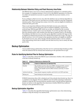 Backup Optimization



Relationship Between Retention Policy and Flash Recovery Area Rules
               The RMAN status OBSOLETE is always determined in reference to a retention policy.
               For example, if a database backup is OBSOLETE in the RMAN repository, it is because
               it is either not needed for recovery to a point within the recovery window, or it is
               redundant.
               If you configure a flash recovery area, then the database uses an internal algorithm to
               select files in the flash recovery area that are no longer needed to meet the configured
               retention policy. These backups have status OBSOLETE, and are eligible for deletion to
               satisfy the disk quota rules.
               There is one important difference between the flash recovery area criteria for
               OBSOLETE status and the disk quota rules for deletion eligibility. Assume that
               archived logs 1000 through 2000, which are on disk, are needed for the currently
               enabled recovery window and so are not obsolete. If you back up these logs to tape,
               then the retention policy still considers the disk logs as required, that is, not obsolete.
               Nevertheless, the flash recovery area disk quota algorithm considers the logs on disk
               as eligible for deletion because they have already been backed up to tape. The logs on
               disk do not have OBSOLETE status in the repository, but they are eligible for deletion
               by the flash recovery area. Note, though, that the retention policy is never violated
               when determining which files to delete from the flash recovery area to satisfy the disk
               quota rules.


Backup Optimization
               If you enable backup optimization, then the BACKUP command skips backing up files
               when the identical file has already been backed up to the specified device type.


Rules for Identifying Identical Files for Backup Optimization
                Table 2–2 describes criteria that RMAN uses to determine whether a file is identical to
               a file that it already backed up.

               Table 2–2    Criteria to Determine an Identical File
               Type of File           Criteria to Determine an Identical File
               Datafile               The datafile must have the same DBID, checkpoint SCN, creation
                                      SCN, and RESETLOGS SCN and time as a datafile already in a
                                      backup. The datafile must be offline-normal, read-only, or closed
                                      normally.
               Archived redo log      Same thread, sequence number, and RESETLOGS SCN and time.
               Backup set             Same backup set recid and stamp.


               If RMAN determines that a file is identical and it has already been backed up, then it is
               a candidate to be skipped. However, RMAN must do further checking to determine
               whether to skip the file, because both the retention policy and the backup duplexing
               feature are factors in the algorithm that determines whether RMAN has sufficient
               backups on the specified device type.


Backup Optimization Algorithm
               Table 2–3 describes the algorithm that backup optimization uses when determining
               whether to skip the backup of an identical file.




                                                                                RMAN Backups Concepts 2-35
 