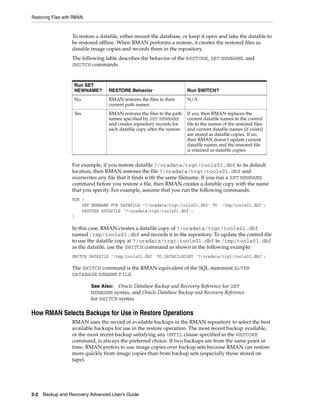 Restoring Files with RMAN


                   To restore a datafile, either mount the database, or keep it open and take the datafile to
                   be restored offline. When RMAN performs a restore, it creates the restored files as
                   datafile image copies and records them in the repository.
                   The following table describes the behavior of the RESTORE, SET NEWNAME, and
                   SWITCH commands.


                    Run SET
                    NEWNAME?       RESTORE Behavior                        Run SWITCH?
                    No             RMAN restores the files to their        N/A
                                   current path names.
                    Yes            RMAN restores the files to the path     If yes, then RMAN replaces the
                                   names specified by SET NEWNAME          current datafile names in the control
                                   and creates repository records for      file to the names of the restored files
                                   each datafile copy after the restore.   and current datafile names (if exists)
                                                                           are stored as datafile copies. If no,
                                                                           then RMAN doesn't update current
                                                                           datafile names and the restored file
                                                                           is retained as datafile copies.


                   For example, if you restore datafile ?/oradata/trgt/tools01.dbf to its default
                   location, then RMAN restores the file ?/oradata/trgt/tools01.dbf and
                   overwrites any file that it finds with the same filename. If you run a SET NEWNAME
                   command before you restore a file, then RMAN creates a datafile copy with the name
                   that you specify. For example, assume that you run the following commands:
                   RUN {
                       SET NEWNAME FOR DATAFILE '?/oradata/trgt/tools01.dbf' TO '/tmp/tools01.dbf';
                       RESTORE DATAFILE '?/oradata/trgt/tools01.dbf';
                   }

                   In this case, RMAN creates a datafile copy of ?/oradata/trgt/tools01.dbf
                   named /tmp/tools01.dbf and records it in the repository. To update the control file
                   to use the datafile copy at ?/oradata/trgt/tools01.dbf to /tmp/tools01.dbf
                   as the datafile, use the SWITCH command as shown in the following example:
                   SWITCH DATAFILE '/tmp/tools01.dbf' TO DATAFILECOPY '?/oradata/trgt/tools01.dbf';

                   The SWITCH command is the RMAN equivalent of the SQL statement ALTER
                   DATABASE RENAME FILE.

                            See Also: Oracle Database Backup and Recovery Reference for SET
                            NEWNAME syntax, and Oracle Database Backup and Recovery Reference
                            for SWITCH syntax

How RMAN Selects Backups for Use in Restore Operations
                   RMAN uses the record of available backups in the RMAN repository to select the best
                   available backups for use in the restore operation. The most recent backup available,
                   or the most recent backup satisfying any UNTIL clause specified in the RESTORE
                   command, is always the preferred choice. If two backups are from the same point in
                   time, RMAN prefers to use image copies over backup sets because RMAN can restore
                   more quickly from image copies than from backup sets (especially those stored on
                   tape).




3-2 Backup and Recovery Advanced User’s Guide
 