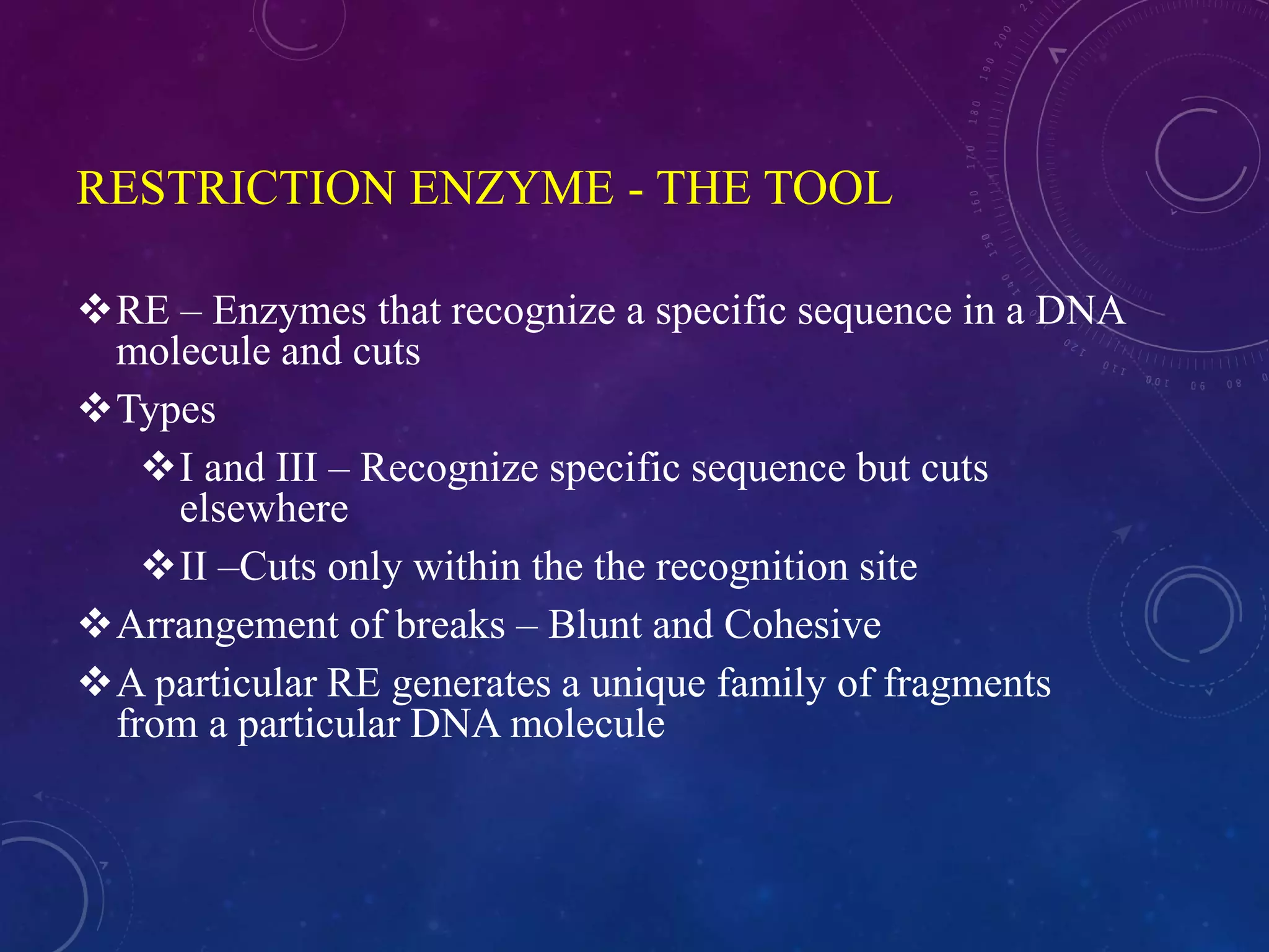 RESTRICTION ENZYME - THE TOOL
RE – Enzymes that recognize a specific sequence in a DNA
molecule and cuts
Types
I and III – Recognize specific sequence but cuts
elsewhere
II –Cuts only within the the recognition site
Arrangement of breaks – Blunt and Cohesive
A particular RE generates a unique family of fragments
from a particular DNA molecule
 