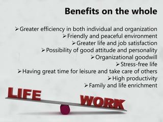 Benefits on the whole
Greater efficiency in both individual and organization
Friendly and peaceful environment
Greater life and job satisfaction
Possibility of good attitude and personality
Organizational goodwill
Stress-free life
Having great time for leisure and take care of others
High productivity
Family and life enrichment
 