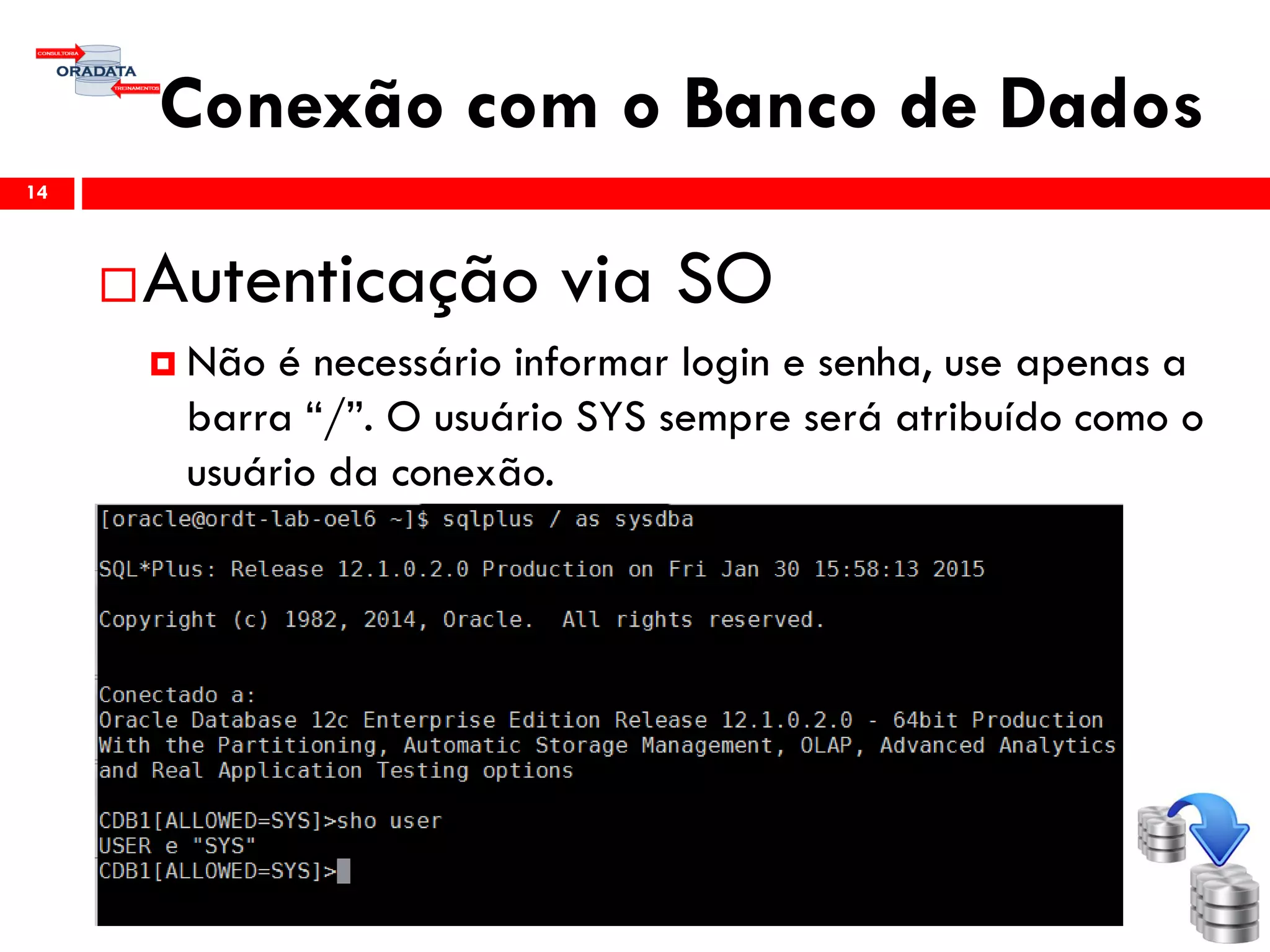 Conexão com o Banco de Dados
14
Autenticação via SO
 Não é necessário informar login e senha, use apenas a
barra “/”. O usuário SYS sempre será atribuído como o
usuário da conexão.
 