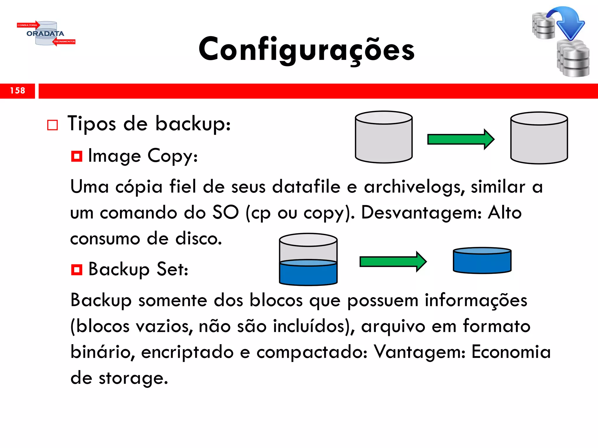Configurações
 Tipos de backup:
 Image Copy:
Uma cópia fiel de seus datafile e archivelogs, similar a
um comando do SO (cp ou copy). Desvantagem: Alto
consumo de disco.
 Backup Set:
Backup somente dos blocos que possuem informações
(blocos vazios, não são incluídos), arquivo em formato
binário, encriptado e compactado: Vantagem: Economia
de storage.
158
 