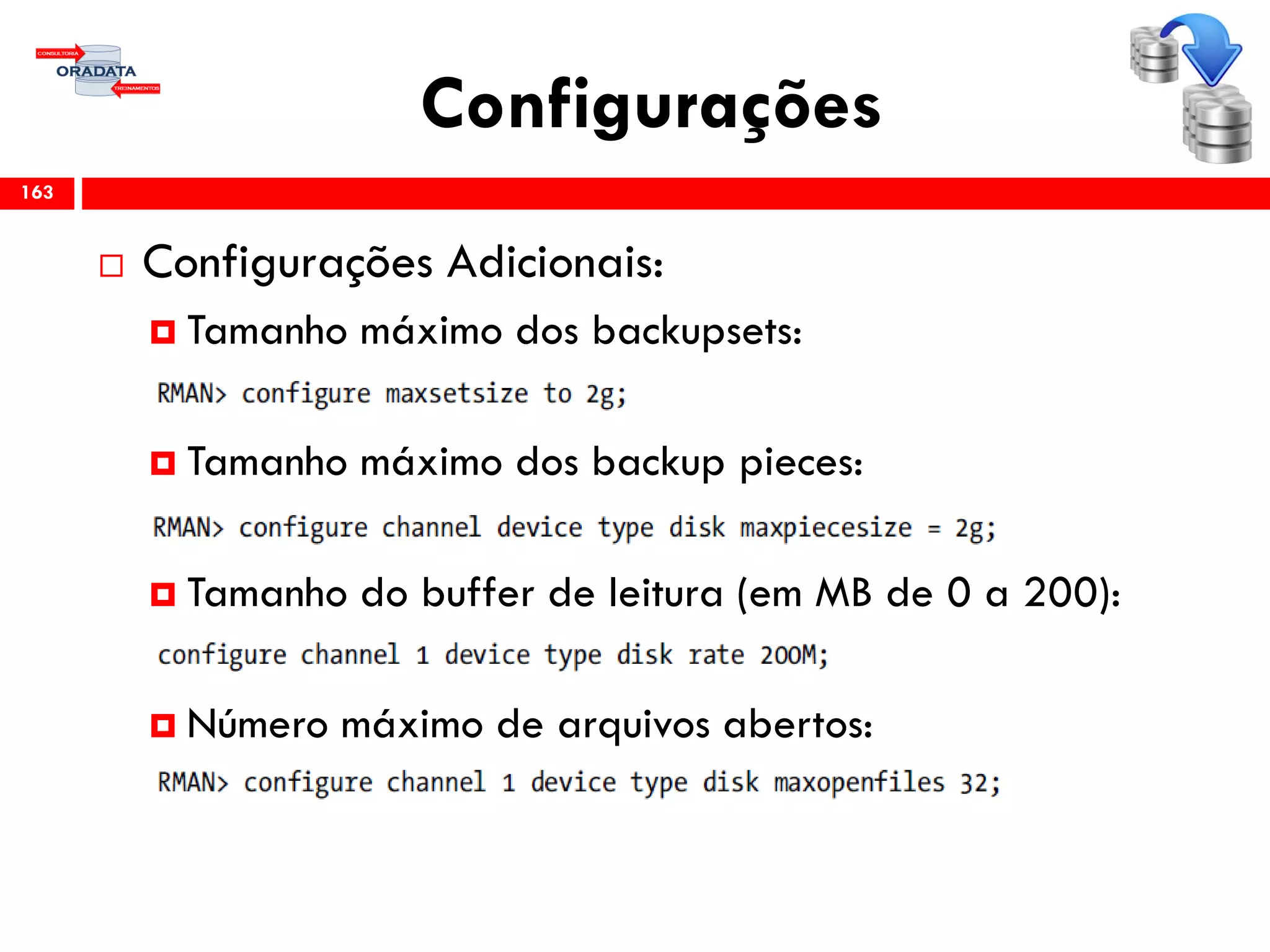 Configurações
 Configurações Adicionais:
 Tamanho máximo dos backupsets:
 Tamanho máximo dos backup pieces:
 Tamanho do buffer de leitura (em MB de 0 a 200):
 Número máximo de arquivos abertos:
163
 