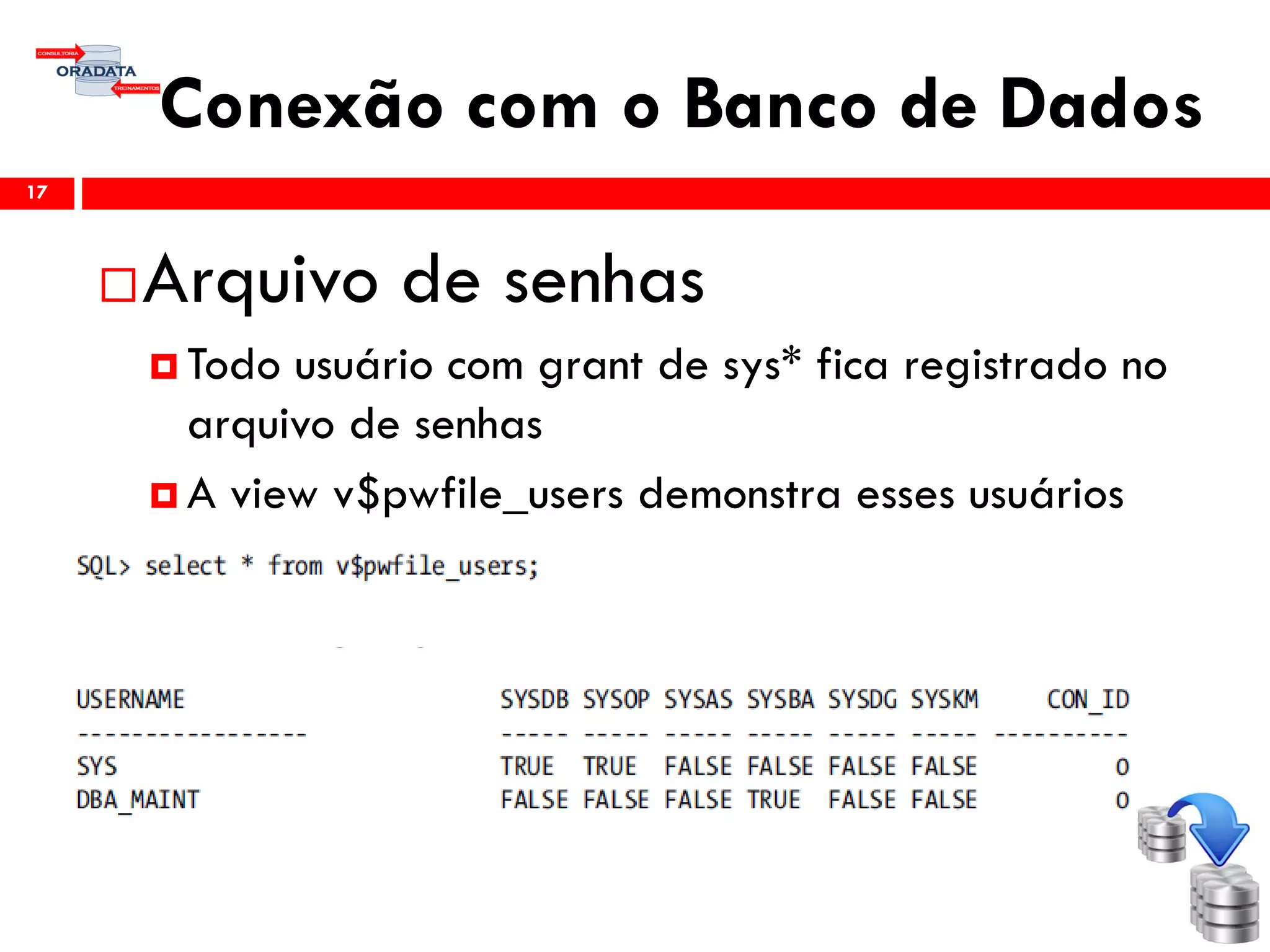 Conexão com o Banco de Dados
17
Arquivo de senhas
 Todo usuário com grant de sys* fica registrado no
arquivo de senhas
 A view v$pwfile_users demonstra esses usuários
 