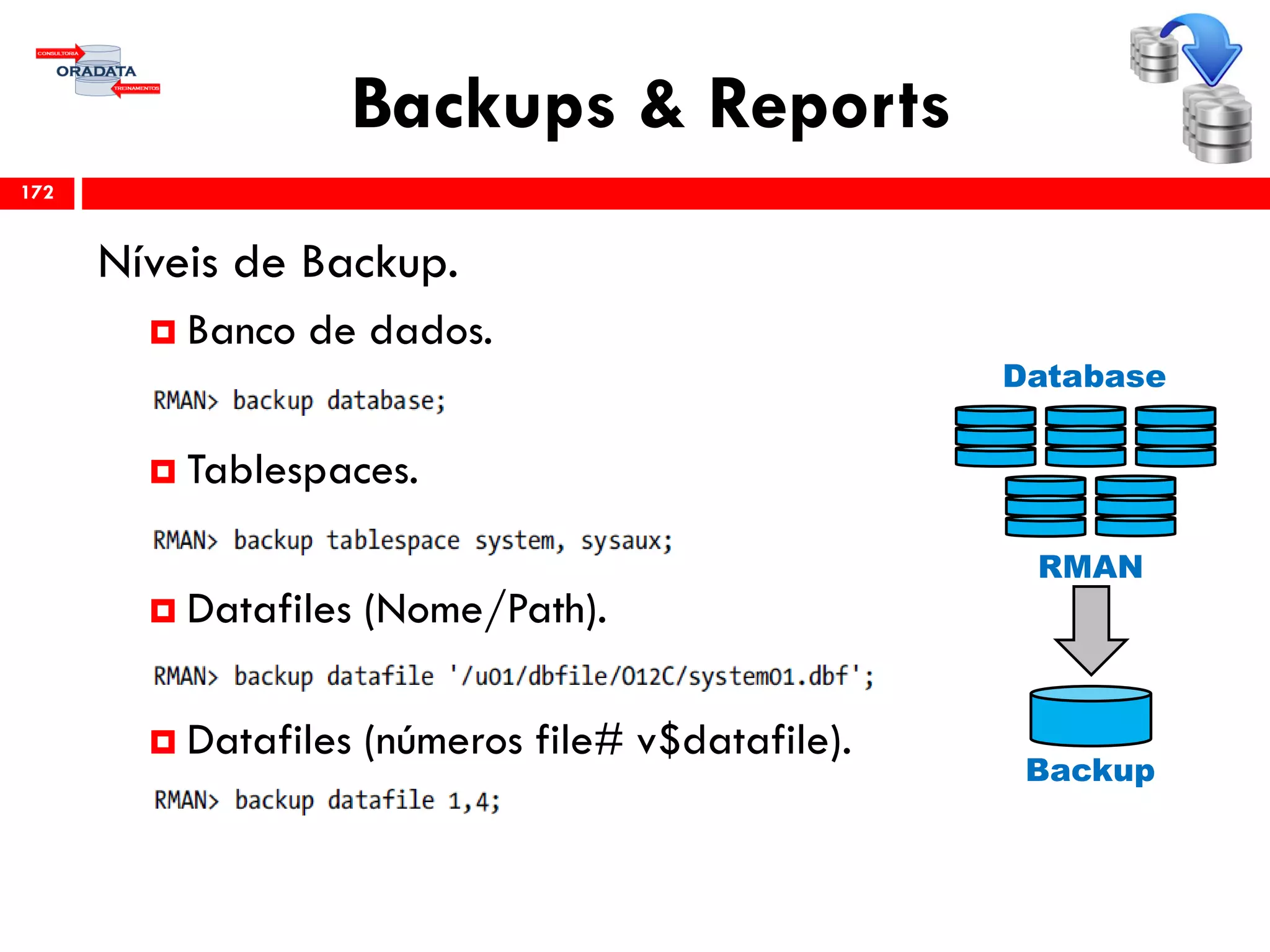 Backups & Reports
Níveis de Backup.
 Banco de dados.
 Tablespaces.
 Datafiles (Nome/Path).
 Datafiles (números file# v$datafile).
172
Database
Backup
RMAN
 