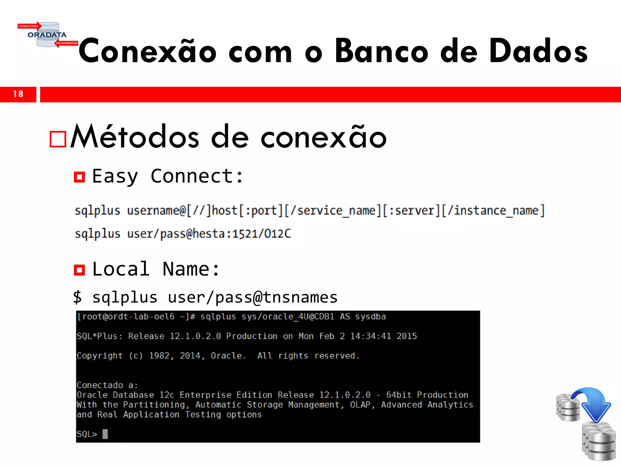Conexão com o Banco de Dados
18
Métodos de conexão
 Easy Connect:
 Local Name:
$ sqlplus user/pass@tnsnames
 