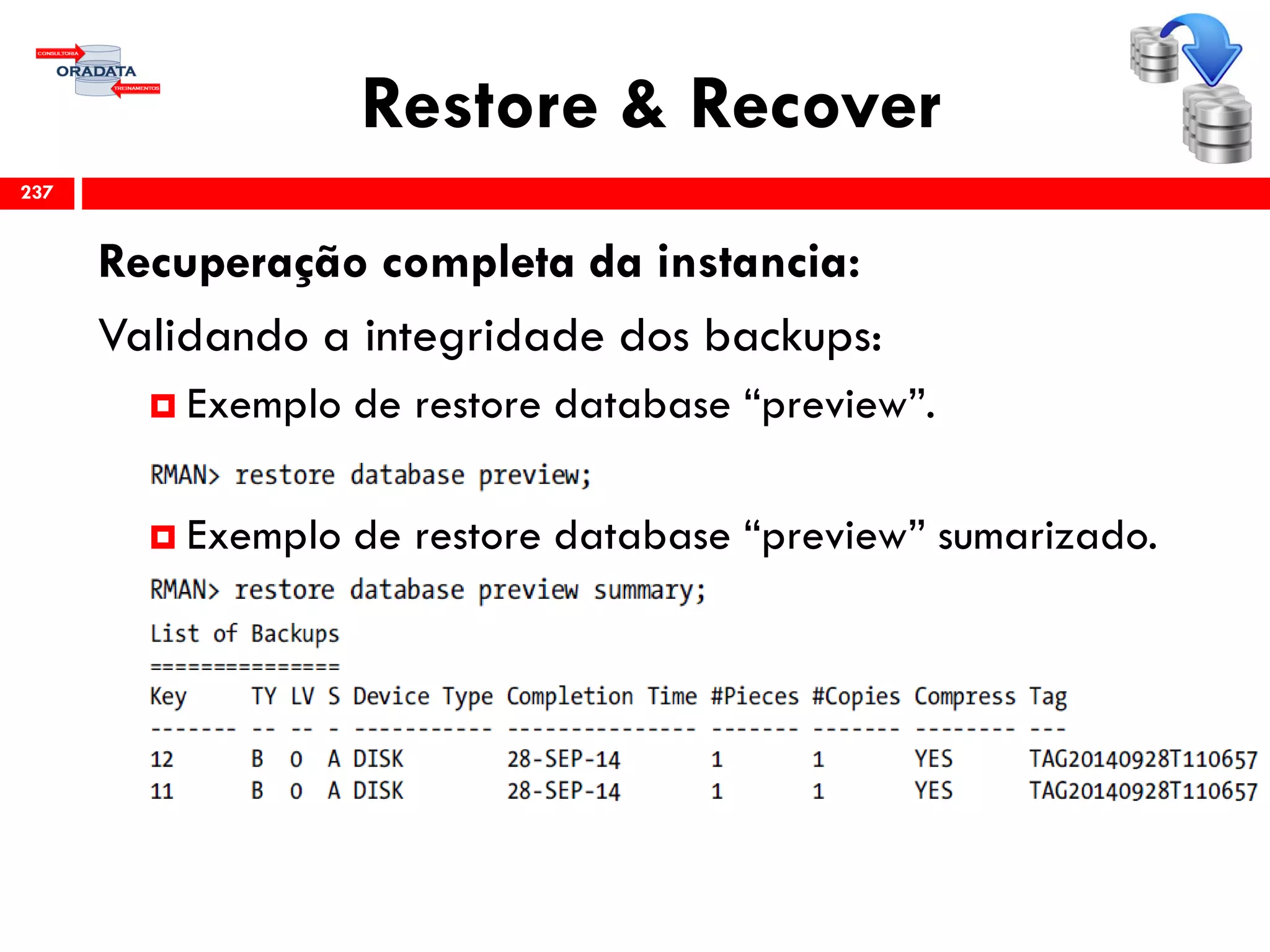 Restore & Recover
Recuperação completa da instancia:
Validando a integridade dos backups:
 Exemplo de restore database “preview”.
 Exemplo de restore database “preview” sumarizado.
237
 