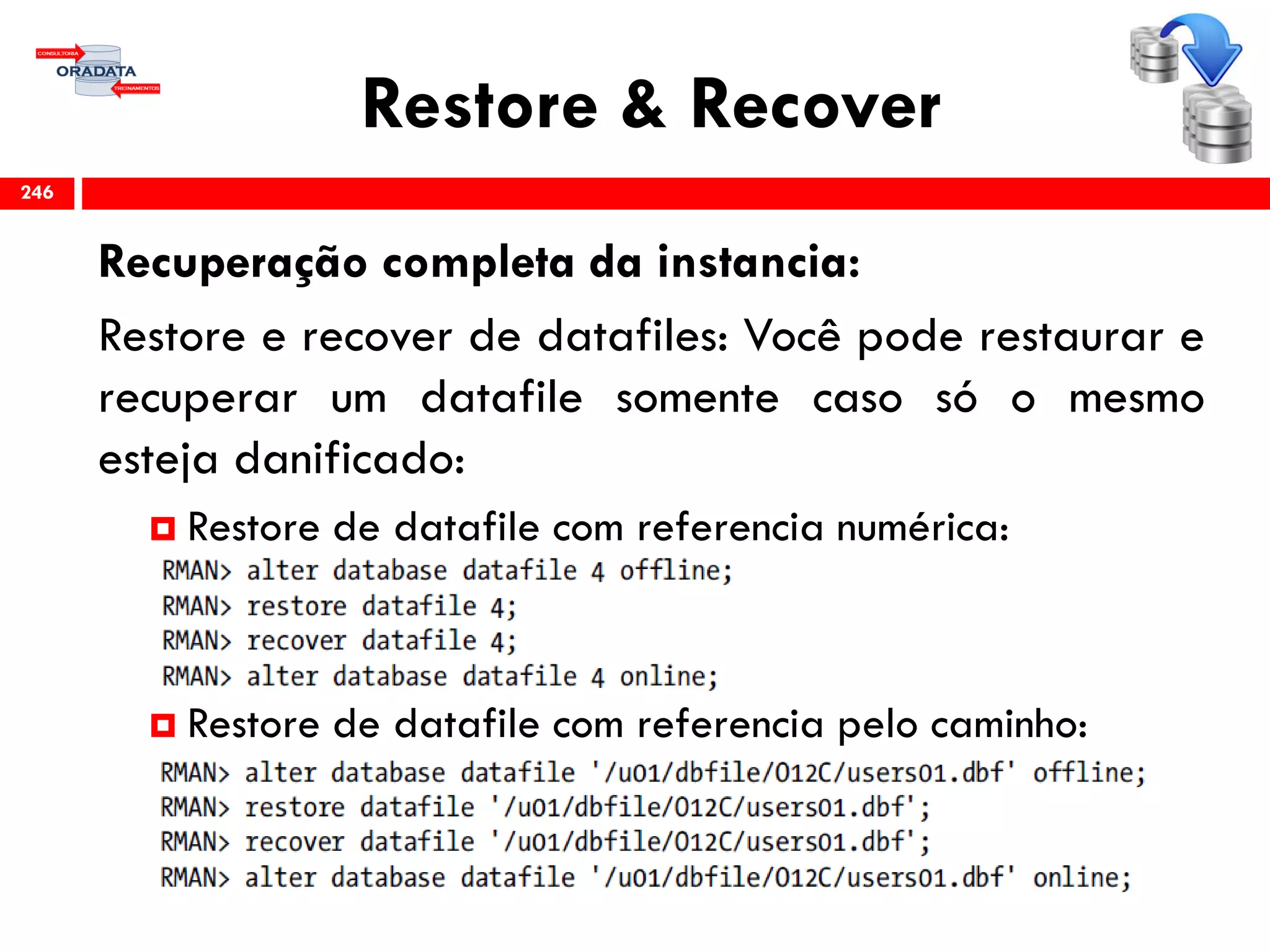 Restore & Recover
Recuperação completa da instancia:
Restore e recover de datafiles: Você pode restaurar e
recuperar um datafile somente caso só o mesmo
esteja danificado:
 Restore de datafile com referencia numérica:
 Restore de datafile com referencia pelo caminho:
246
 