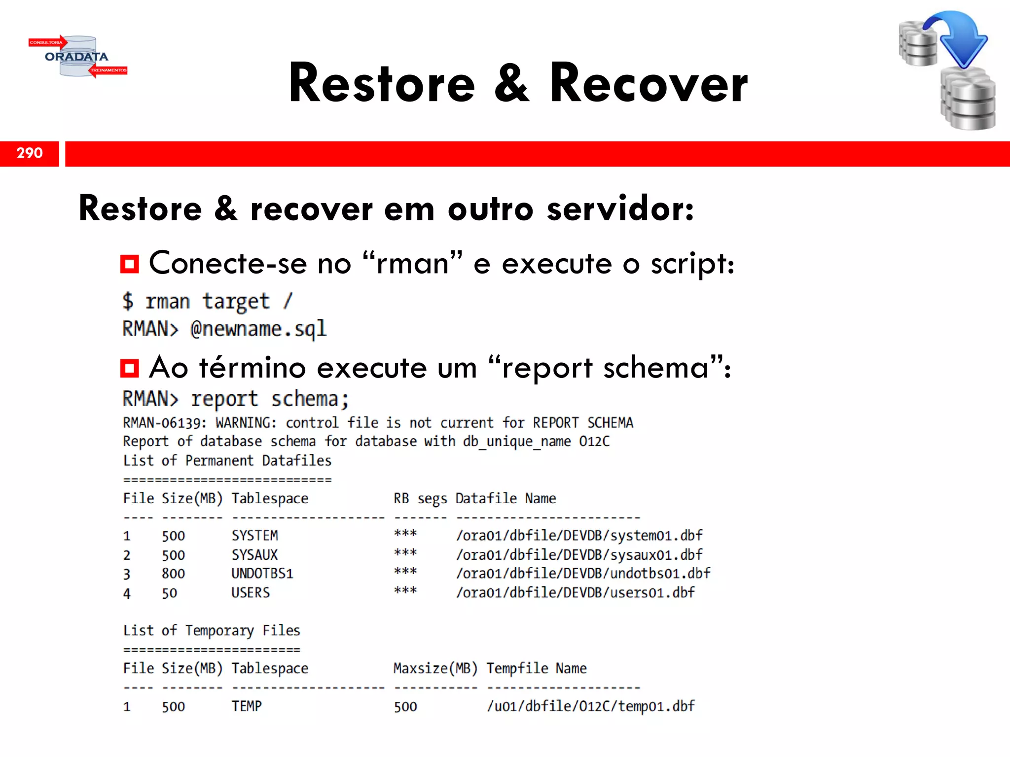 Restore & Recover
Restore & recover em outro servidor:
 Conecte-se no “rman” e execute o script:
 Ao término execute um “report schema”:
290
 