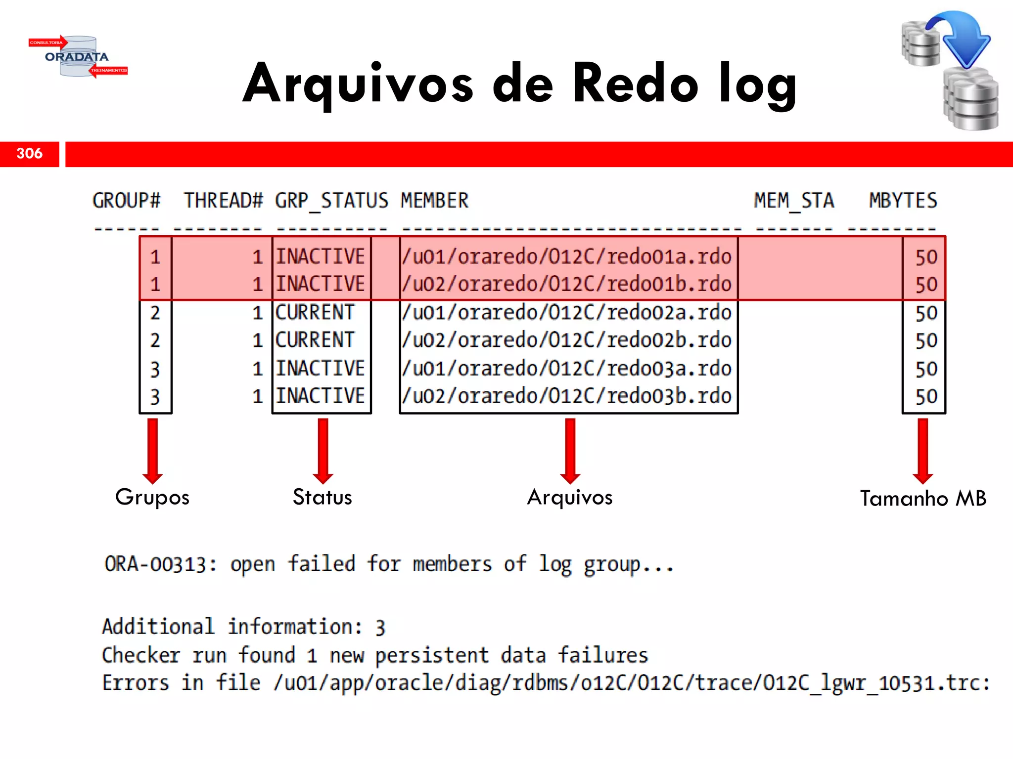 Arquivos de Redo log
306
Grupos Status Arquivos Tamanho MB
 