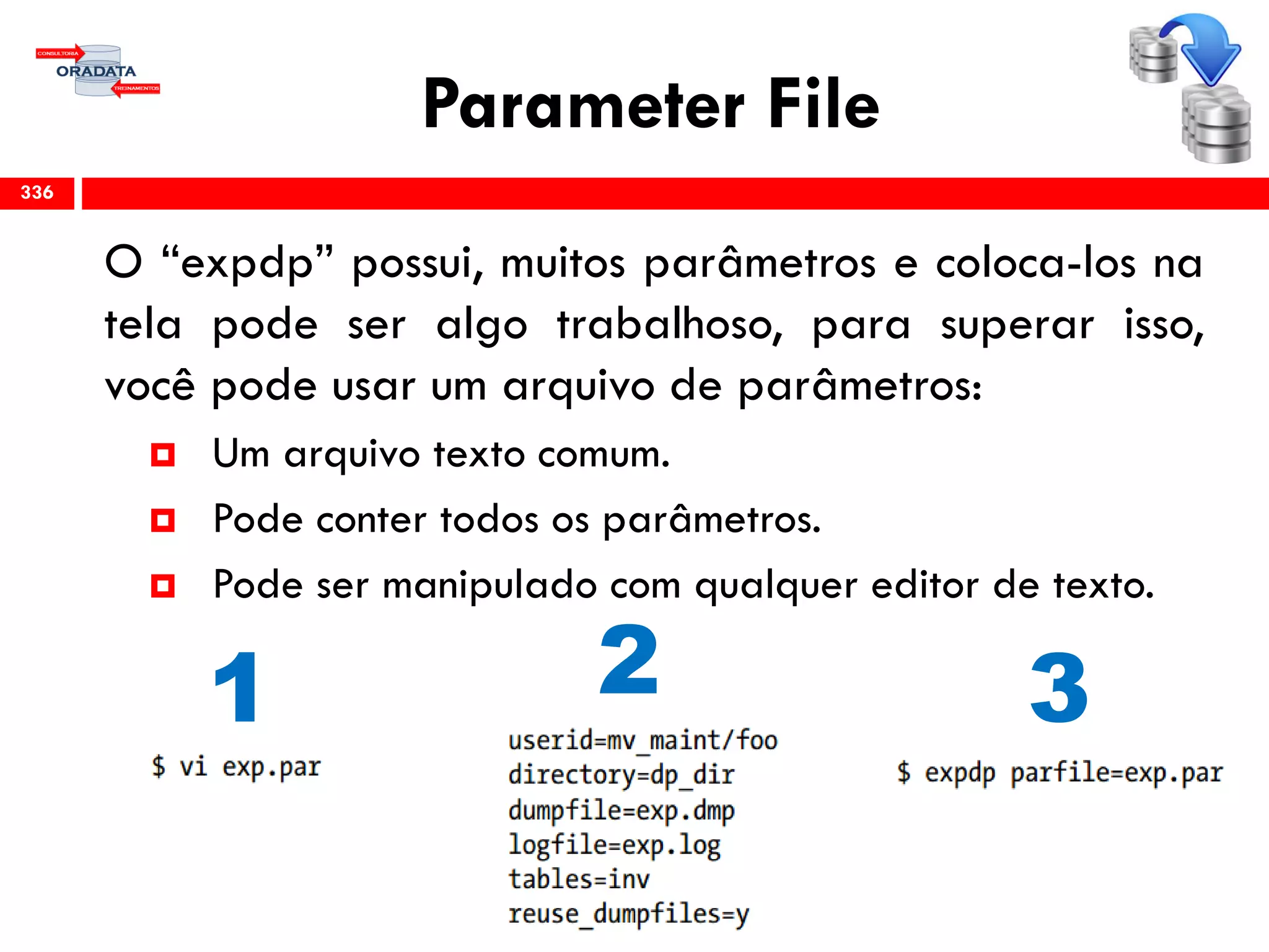 Parameter File
O “expdp” possui, muitos parâmetros e coloca-los na
tela pode ser algo trabalhoso, para superar isso,
você pode usar um arquivo de parâmetros:
 Um arquivo texto comum.
 Pode conter todos os parâmetros.
 Pode ser manipulado com qualquer editor de texto.
336
1 2 3
 