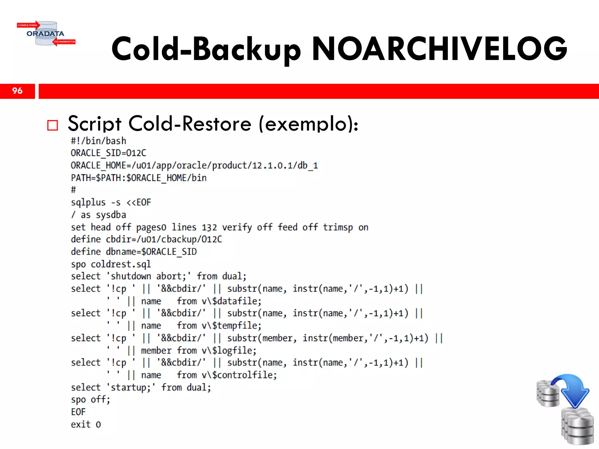 Cold-Backup NOARCHIVELOG
 Script Cold-Restore (exemplo):
96
 