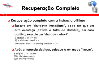 Recuperação Completa
 Recuperação completa com a instancia offline:
 Execute um “shutdown immediate”, pode ser que um
erro aconteça (devido a falta do datafile), em caso
positivo, execute um “shutdown abort”.
 Após a instancia desligar, coloque-a em modo “mount”.
113
 