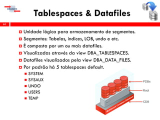 Tablespaces & Datafiles
61
 Unidade lógica para armazenamento de segmentos.
 Segmentos: Tabelas, índices, LOB, undo e etc.
 É composta por um ou mais datafiles.
 Visualizadas através da view DBA_TABLESPACES.
 Datafiles visualizados pela view DBA_DATA_FILES.
 Por padrão há 5 tablespaces default.
 SYSTEM
 SYSAUX
 UNDO
 USERS
 TEMP
 