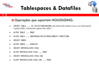 Tablespaces & Datafiles
69
 Operações que suportam NOLOGGING:
 