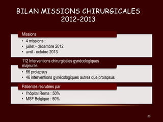 BILAN MISSIONS CHIRURGICALES
2012-2013
Missions
• 4 missions :
• juillet - décembre 2012
• avril - octobre 2013

112 Inter...