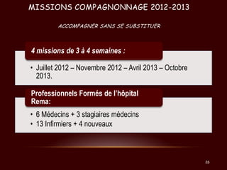 MISSIONS COMPAGNONNAGE 2012-2013
ACCOMPAGNER SANS SE SUBSTITUER

4 missions de 3 à 4 semaines :
• Juillet 2012 – Novembre ...