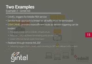 SIP
IMS/ Pre -IMS PSTNPLMN
database
Telco Grade
Application Server
Gintel Application
Framework
Exposure Layer
Application
Application
Application
Internet
Web Back
End
Integration
Server
Web Front
End
Application
Server
Web
Server
Integration
NMS
Prov.
Billing
SS7 (INAP/CAP/ISUP)
https
SIP
JDBC JDBC
Two Examples
Example 2 - Gintel AS
•	 CAMEL triggers for Mobile PBX service
•	 Service node approach is limited as all traffic must be terminated
•	 GSM CAMEL provides more efficient route as service triggering can be
invoked
•	 Preserves investment in CAMEL infrastructure
•	 Reduces CAPEX as fewer terminating ports are required
•	 Lower OPEX as transit costs minimised
•	 Realised through reverse IM_SSF
•	 Delivering triggers from CAMEL and convering to SIP with relevant info content
15
 