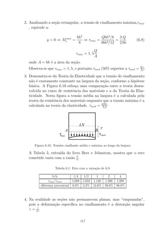 2. Analisando a se¸c˜ao retangular, a tens˜ao de cisalhamento m´axima,τmax
, equivale a:
y = 0 ⇒ Mmax
s =
bh2
8
⇒ τmax =
Qbh2
/8
bbh3/12
=
3
2
Q
bh
(6.8)
τmax = 1, 5
Q
A
onde A = bh ´e a ´area da se¸c˜ao.
Observa-se que τmax = 1, 5, e portanto τmed (50% superior a τmed = Q
A)
3. Demonstra-se da Teoria da Elasticidade que a tens˜ao de cisalhamento
n˜ao ´e exatamente constante na largura da se¸c˜ao, conforme a hip´otese
b´asica. A Figura 6.10 esbo¸ca uma compara¸c˜ao entre a teoria desen-
volvida no curso de resistˆencia dos materiais e a da Teoria da Elas-
ticidade. Nesta ﬁgura a tens˜ao m´edia na largura ´e a calculada pela
teoria da resistˆencia dos materiais enquanto que a tens˜ao m´axima ´e a
calculada na teoria da elasticidade. τmed = QMs
Izb
LN
y
τmed
A
τmax
B
Figura 6.10: Tens˜oes cisalhante m´edia e m´axima ao longo da largura
A Tabela 3, extra´ıda do livro Beer e Johnstom, mostra que o erro
cometido varia com a raz˜ao b
h.
Tabela 6.1: Erro com a varia¸c˜ao de b/h
b/h 1/4 1/2 1 2 4
τmax/τmed 1,008 1,033 1,126 1,396 1,988
diferen¸ca percentual 0,8% 3,3% 12,6% 39,6% 98,8%
4. Na realidade as se¸c˜oes n˜ao permanecem planas, mas “empenadas”,
pois a deforma¸c˜ao espec´ıﬁca no cisalhamento ´e a distor¸c˜ao angular
γ = τ
G.
117
 