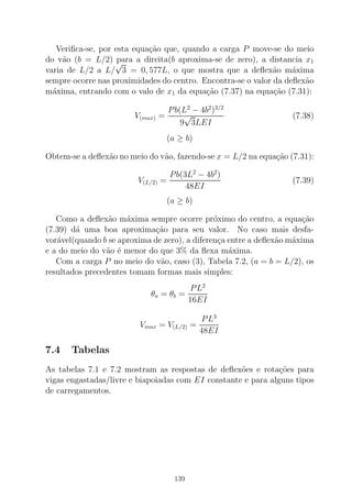 Veriﬁca-se, por esta equa¸c˜ao que, quando a carga P move-se do meio
do v˜ao (b = L/2) para a direita(b aproxima-se de zero), a distancia x1
varia de L/2 a L/
√
3 = 0, 577L, o que mostra que a deﬂex˜ao m´axima
sempre ocorre nas proximidades do centro. Encontra-se o valor da deﬂex˜ao
m´axima, entrando com o valo de x1 da equa¸c˜ao (7.37) na equa¸c˜ao (7.31):
V(max) =
Pb(L2
− 4b2
)3/2
9
√
3LEI
(7.38)
(a ≥ b)
Obtem-se a deﬂex˜ao no meio do v˜ao, fazendo-se x = L/2 na equa¸c˜ao (7.31):
V(L/2) =
Pb(3L2
− 4b2
)
48EI
(7.39)
(a ≥ b)
Como a deﬂex˜ao m´axima sempre ocorre pr´oximo do centro, a equa¸c˜ao
(7.39) d´a uma boa aproxima¸c˜ao para seu valor. No caso mais desfa-
vor´avel(quando b se aproxima de zero), a diferen¸ca entre a deﬂex˜ao m´axima
e a do meio do v˜ao ´e menor do que 3% da ﬂexa m´axima.
Com a carga P no meio do v˜ao, caso (3), Tabela 7.2, (a = b = L/2), os
resultados precedentes tomam formas mais simples:
θa = θb =
PL2
16EI
Vmax = V(L/2) =
PL3
48EI
7.4 Tabelas
As tabelas 7.1 e 7.2 mostram as respostas de deﬂex˜oes e rota¸c˜oes para
vigas engastadas/livre e biapoiadas com EI constante e para alguns tipos
de carregamentos.
139
 