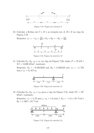 Figura 7.18: Figura do exerc´ıcio 9
10. Calcular a ﬂechas em C e D e as rota¸c˜oes em A, B e E na viga da
Figura 7.19 .
Resposta: vC = −vD = Pa3
6EI
e θA = θB = −θE = Pa2
4EI
.
a a a a
P
P
A BD
EC
Figura 7.19: Figura do exerc´ıcio 10
11. Calcular θA, θB, vE e vC na viga da Figura 7.20, dados P = 25 kN e
EI = 11200 kNm2
, constante.
Resposta: θA = −0, 0015625 rad, θB = 0, 003125 rad, vE = −1, 758
mm e vC = 6, 417 m.
00000000
0000
11111111
1111
00000000001111111111
1,4m1,5m1,5m
P
A
C
BE
Figura 7.20: Figura do exerc´ıcio 11
12. Calcular θA, θB, vC e vD para a viga da Figura 7.21, dado EI = 105
kNm2
, constante.
Resposta: vC = 3, 73 mm ↓, vD = 1, 6 mm ↑, θA = −1, 6 × 10−3
rad e
θB = 1, 067 × 10−3
rad.
00000000001111111111000000000000000
111111111111111
4,0m 4,0m 2,0m
20kN10kN/m
A B
DC
Figura 7.21: Figura do exerc´ıcio 12
147
 