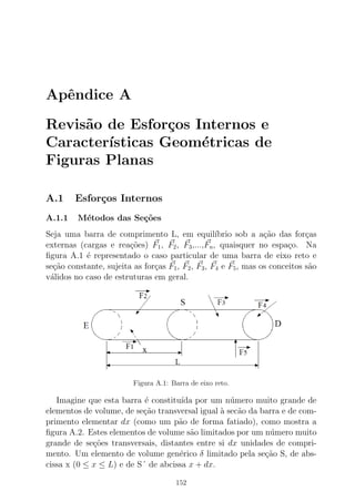 Apˆendice A
Revis˜ao de Esfor¸cos Internos e
Caracter´ısticas Geom´etricas de
Figuras Planas
A.1 Esfor¸cos Internos
A.1.1 M´etodos das Se¸c˜oes
Seja uma barra de comprimento L, em equil´ıbrio sob a a¸c˜ao das for¸cas
externas (cargas e rea¸c˜oes) F1, F2, F3,...,Fn, quaisquer no espa¸co. Na
ﬁgura A.1 ´e representado o caso particular de uma barra de eixo reto e
se¸c˜ao constante, sujeita as for¸cas F1, F2, F3, F4 e F5, mas os conceitos s˜ao
v´alidos no caso de estruturas em geral.
Figura A.1: Barra de eixo reto.
Imagine que esta barra ´e constitu´ıda por um n´umero muito grande de
elementos de volume, de se¸c˜ao transversal igual `a sec˜ao da barra e de com-
primento elementar dx (como um p˜ao de forma fatiado), como mostra a
ﬁgura A.2. Estes elementos de volume s˜ao limitados por um n´umero muito
grande de se¸c˜oes transversais, distantes entre si dx unidades de compri-
mento. Um elemento de volume gen´erico δ limitado pela se¸c˜ao S, de abs-
cissa x (0 ≤ x ≤ L) e de S´ de abcissa x + dx.
152
 