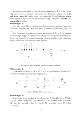 Adotando o referencial oposto para decomposi¸c˜ao de R′ e M′ os valores
alg´ebricos ser˜ao os mesmos, bastando, nas deﬁni¸c˜oes acima, trocar di-
reita por esquerda. Assim, cada esfor¸co simples ﬁca deﬁnido por um s´o
valor alg´ebrico e pode ser calculado com as for¸cas situadas `a direita ou `a
esquerda da se¸c˜ao.
Observa¸c˜ao 1:
Seja uma barra AB, de comprimento L, com um carregamento qualquer.
Mostrada na ﬁgura A.6. Seja uma se¸c˜ao S, gen´erica de abscissa x (0 ≤ x ≤
L).
Seja Es um determinado esfor¸co simples na se¸c˜ao S. Es = fx ´e a equa¸c˜ao
deste esfor¸co simples e o gr´aﬁco desta fun¸c˜ao ´e o diagrama do referido es-
for¸co. As equa¸c˜oes e os diagramas dos esfor¸cos simples ser˜ao exaustiva-
mente estudados mais adiante neste cap´ıtulo.
Figura A.6: Viga biapoiada com carregamento qualquer.
Observa¸c˜ao 2:
Considerando que R′ = −R e M′ = −M, o equil´ıbrio das partes E e D
ser´a representado como mostra a ﬁgura A.7.
Figura A.7: Equil´ıbrio entre as partes.
Observa¸c˜ao 3:
Se na se¸c˜ao S, de abscissa x, os esfor¸cos s˜ao R (Rx, Ry, Rz) e M (Mx,
My, Mz), ent˜ao na se¸c˜ao S’, de absicissa x = dx, os esfor¸cos ser˜ao iguais a
R + dR (Rx + dRx, Ry + dRy, Rz + dRz) e M + dM (Mx + dMx, My + dMy,
Mz + dMz).
155
 