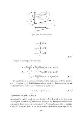 Figura A.62: Rota¸c˜ao de eixos.
Jz = y2
dA
Jy = z2
dA
Jzy = zydA
(A.30)
chegam-se nas seguintes rela¸c˜oes:
J′
z =
Jz + Jy
2
+
Jz − Jy
2
cos(2θ) − Jzy sin(2θ)
J′
y =
Jz + Jy
2
−
Jz − Jy
2
cos(2θ) + Jzy sin(2θ)
Jz′y′ =
Jz − Jy
2
sin(2θ) + Jzy cos(2θ) (A.31)
Se a primeira e a segunda equa¸c˜oes forem somadas, pode-se mostrar
que o momento polar de in´ercia em rela¸c˜ao a origem do sistema de eixos ´e
independente da orienta¸c˜ao dos eixos z′
e y′
, ou seja:
J0 = Jz′ + Jy′ = Jz + Jy (A.32)
Momentos Principais de In´ercia
As equa¸c˜oes (A.31) mostram que Jz′, Jy′ e Jz′y′ dependem do ˆangulo de
inclina¸c˜ao θ dos eixos z′
y′
em rela¸c˜ao aos eixos zy. Deseja-se determinar a
orienta¸c˜ao desses eixos para os quais Jz′ e Jy′ s˜ao extremos, isto ´e, m´aximo
e m´ınimo. Este par de eixos em particular s˜ao chamados de eixos principais
184
 